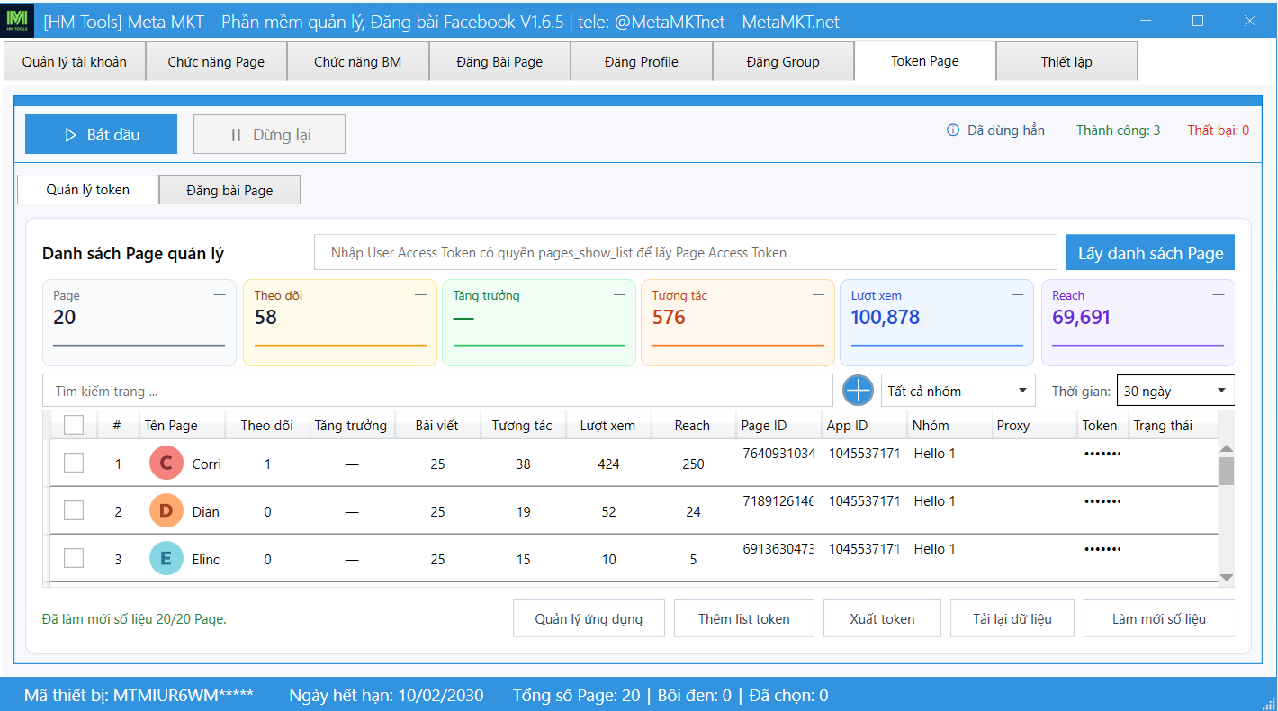Thống kê, quản lý token page